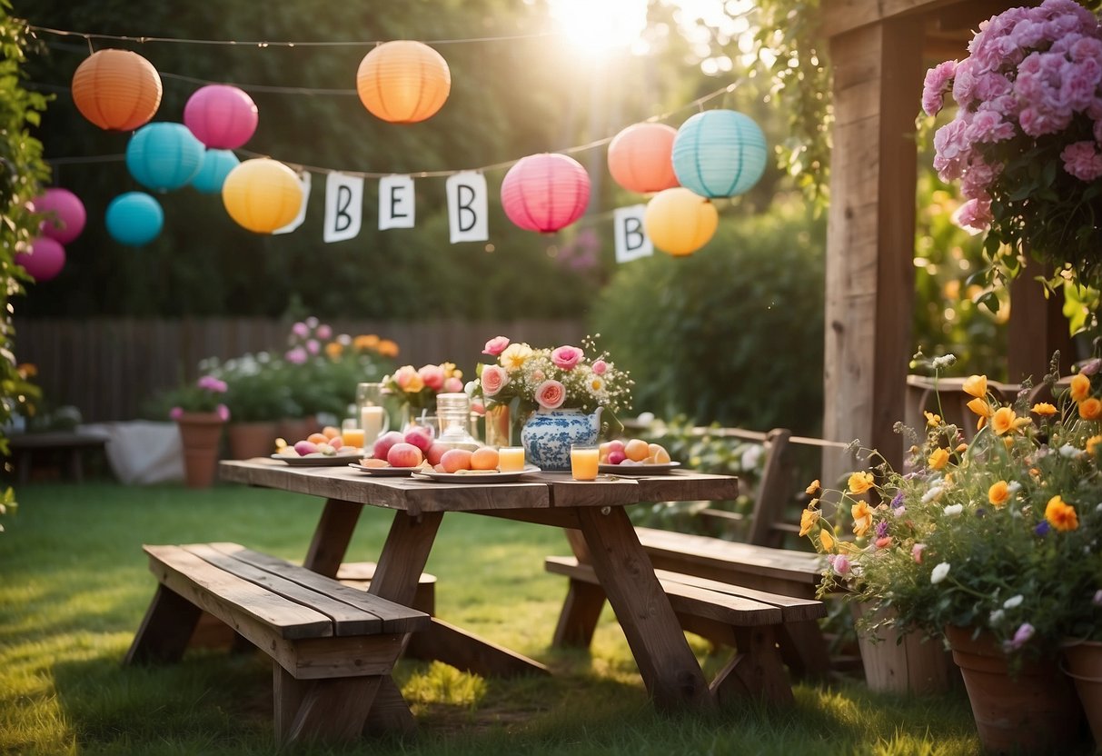 A colorful garden with a rustic wooden table set for a BBQ, surrounded by blooming flowers and hanging lanterns. A sign reads "Garden BBQ Party" with vibrant themed invitations scattered around