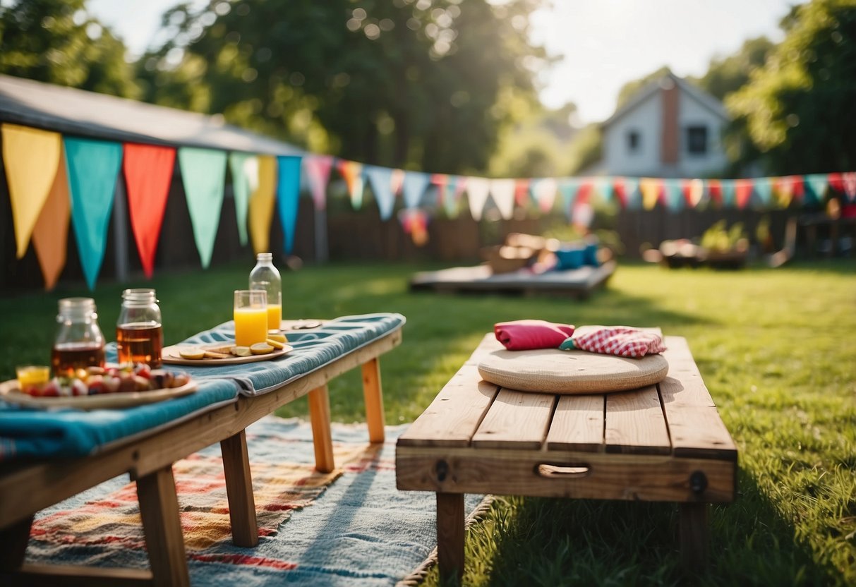 A sunny backyard with a wooden cornhole board set up on the lush green grass, surrounded by colorful bunting and picnic tables, with the smell of barbecue in the air