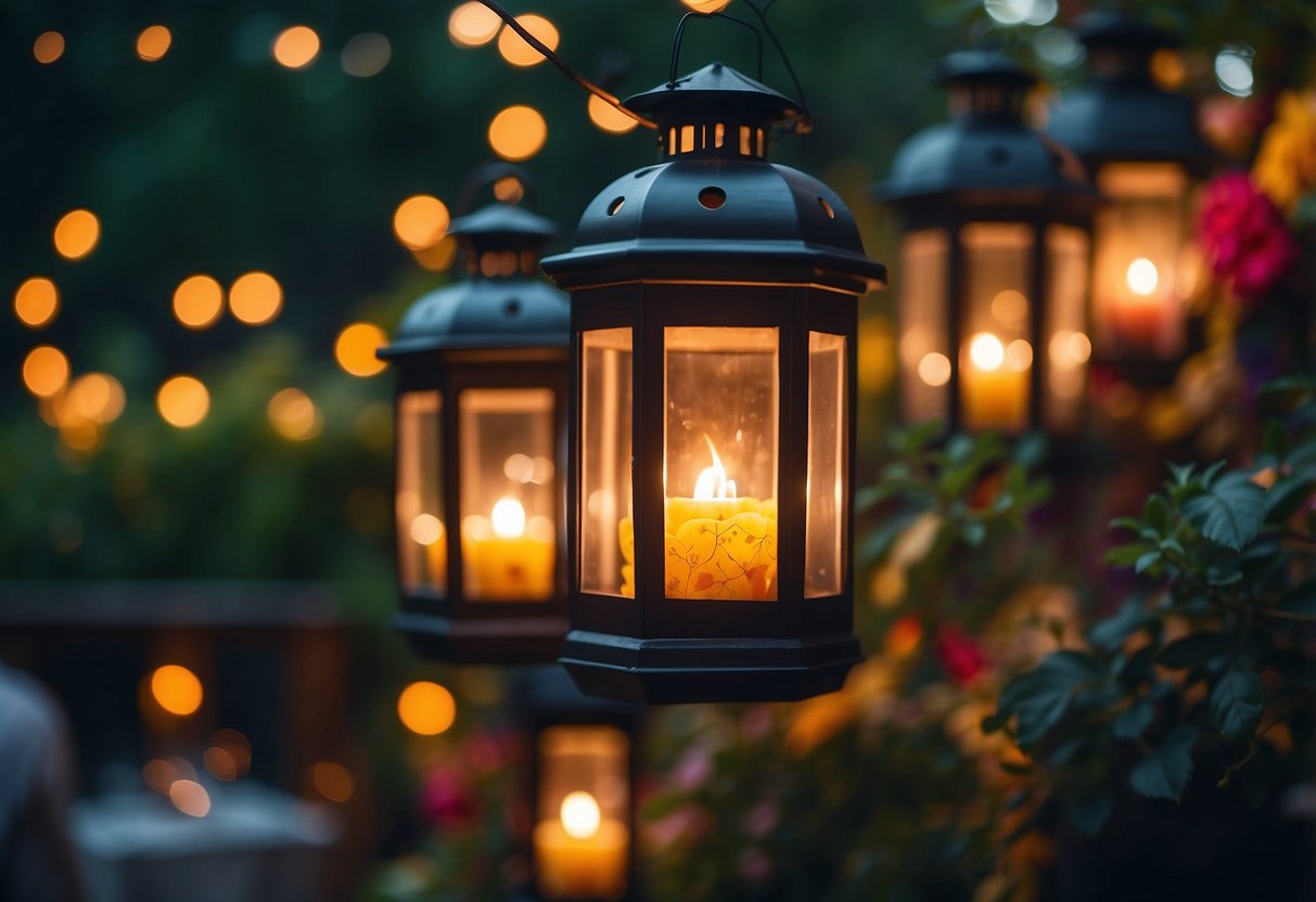 Colorful garden lanterns illuminate a lively outdoor BBQ party scene, casting a warm glow over the festivities