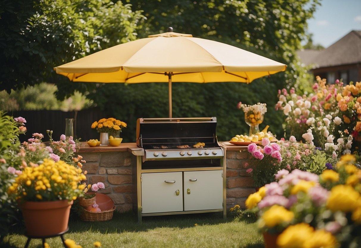 A colorful lemonade stand surrounded by blooming flowers, with a small BBQ grill sizzling with food, and a group of friends laughing and enjoying the sunny garden party