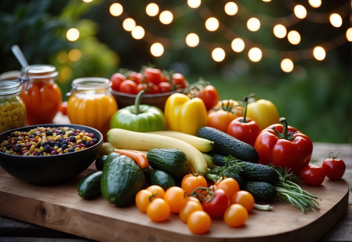 A colorful spread of fresh vegetables, fruits, and meats arranged on a wooden table. Grilling utensils and condiments are neatly displayed nearby. The backdrop is a lush garden with twinkling string lights