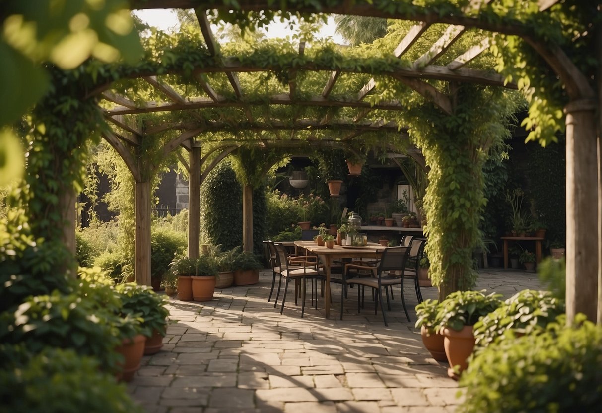 A pergola covered in lush climbing vines, surrounded by a cozy garden with a built-in BBQ shelter