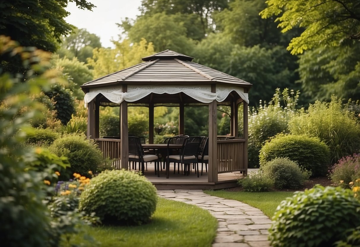 A gazebo stands in a lush garden, draped with netting to provide shelter for a barbecue