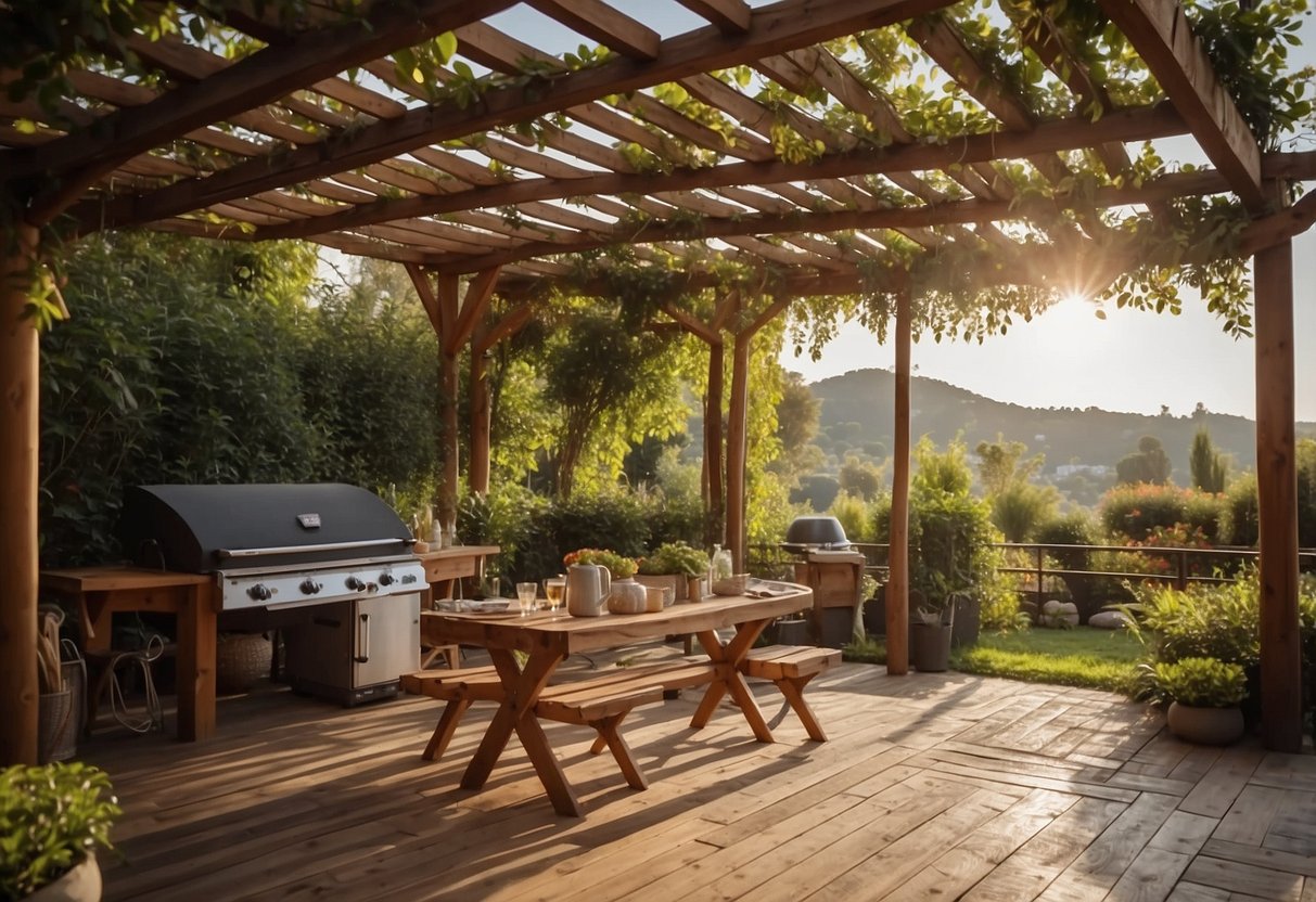 A wooden pergola stands in a lush garden, adorned with billowing curtains and equipped with a barbecue, creating a cozy outdoor shelter