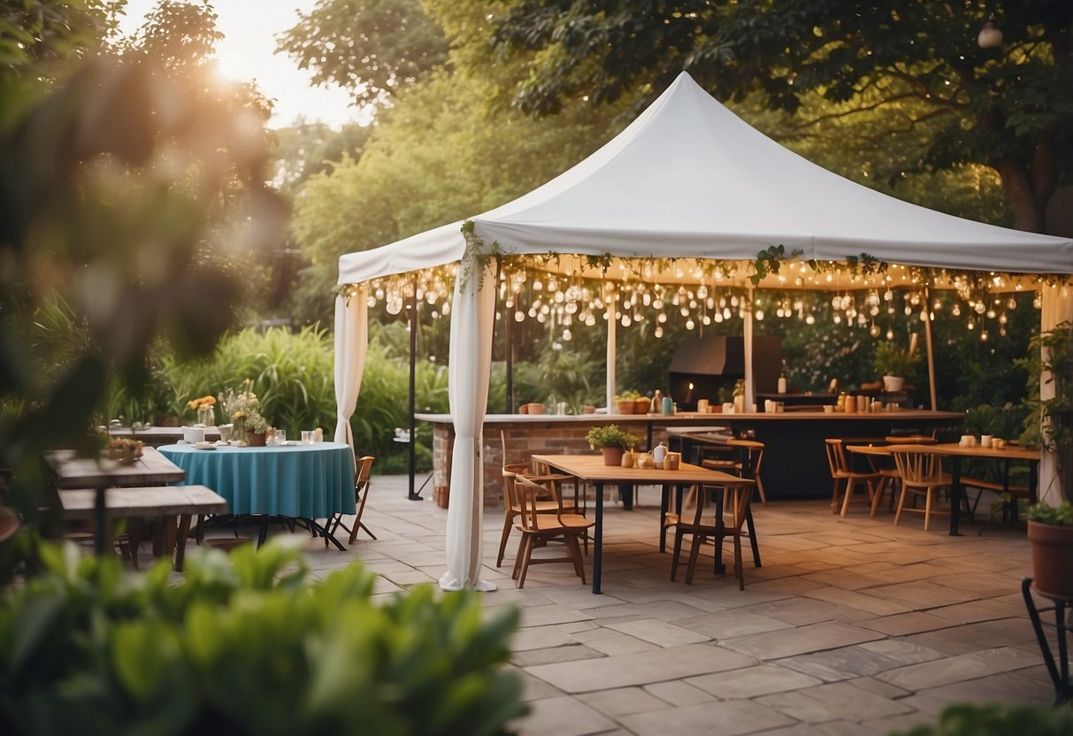 A colorful pop-up canopy tent stands in a lush garden, providing shelter for a BBQ gathering. Tables and chairs are arranged underneath, with string lights adding a festive touch