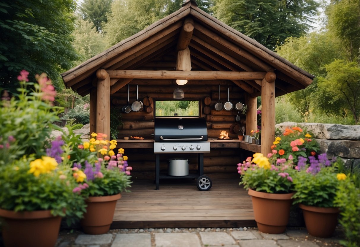 A rustic BBQ hut with log walls nestled in a garden, surrounded by lush greenery and colorful flowers. A cozy shelter for outdoor cooking and dining