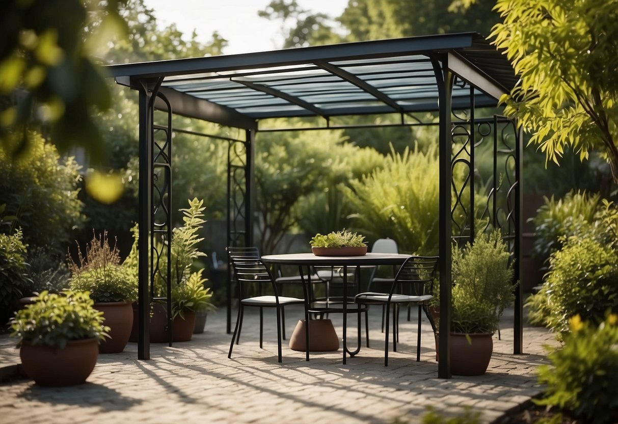 A metal pergola stands in a lush shade garden, with a built-in barbecue shelter