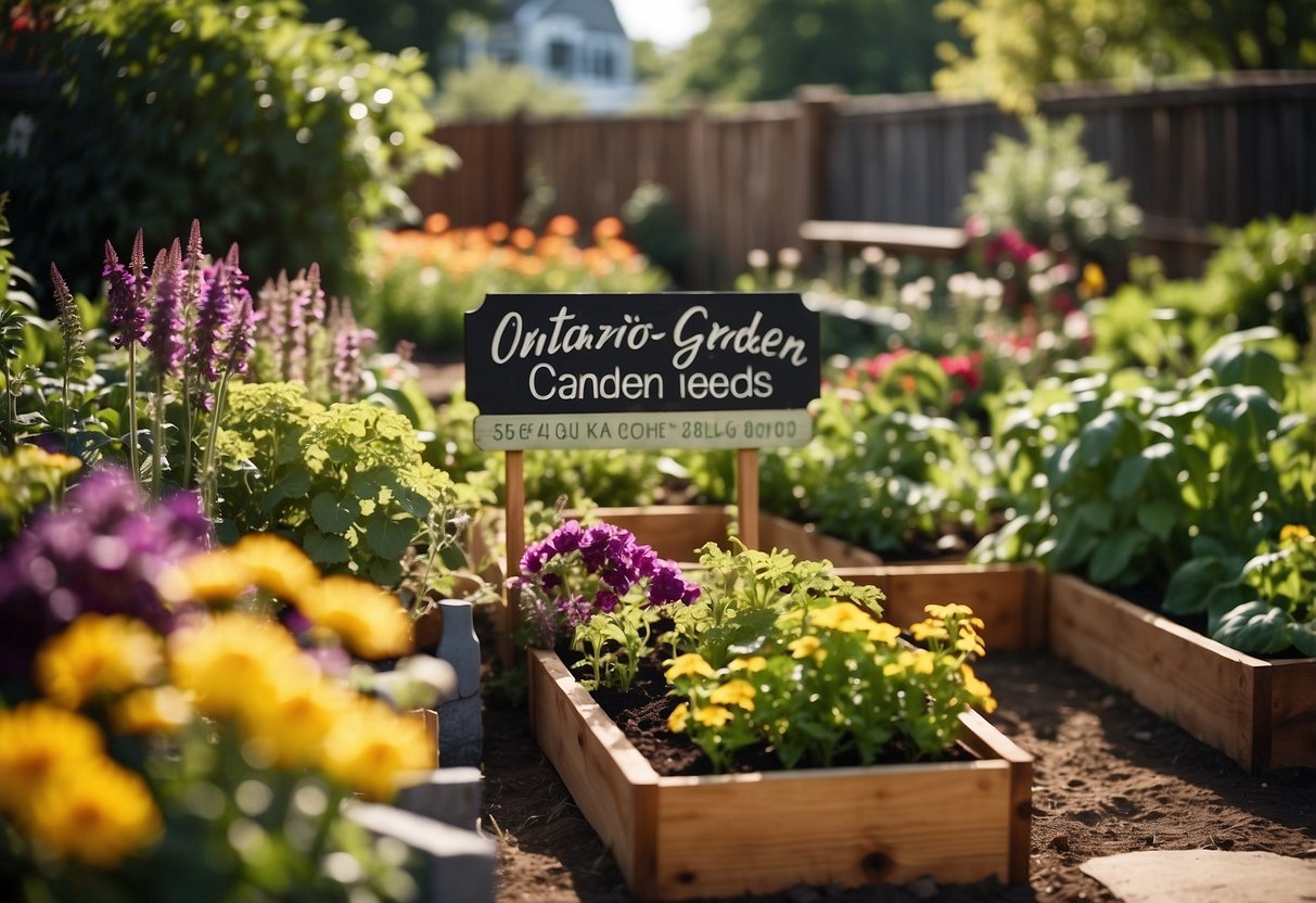 A sunny backyard with raised garden beds filled with vibrant flowers and vegetables. A wooden sign with "Ontario Garden Ideas" stands proudly in the center