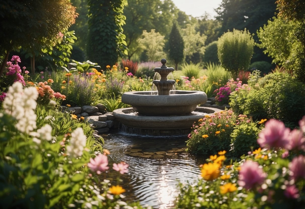 A serene garden with a bubbling fountain surrounded by lush greenery and colorful flowers. A small stream flows gently through the garden, adding a peaceful ambiance