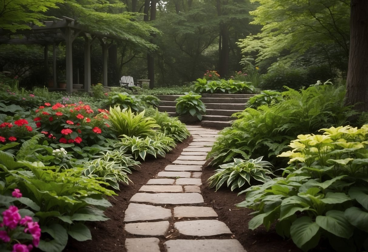 Lush green ferns and hostas fill the shady garden bed, accented by pops of colorful impatiens and begonias. A stone pathway winds through the foliage, leading to a peaceful seating area