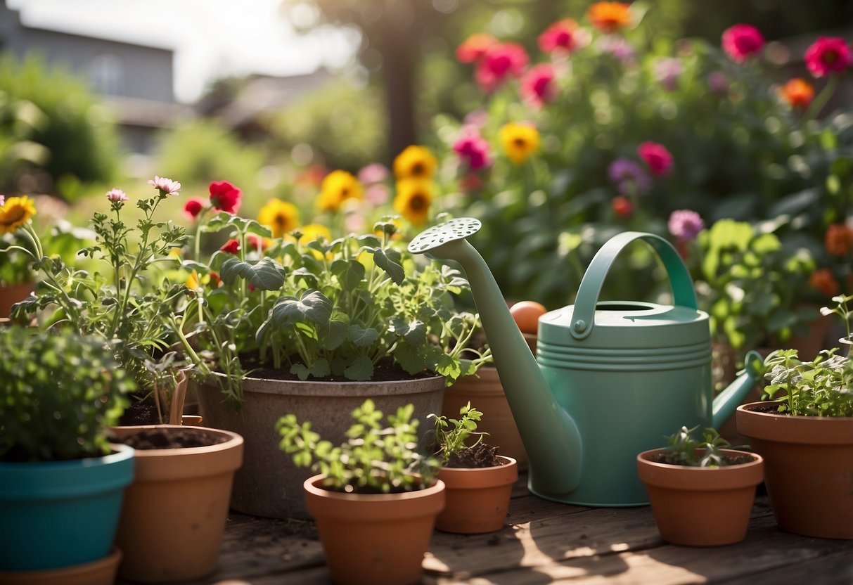 A sunny backyard with raised garden beds filled with various vegetables, herbs, and flowers. A watering can and gardening tools are scattered nearby