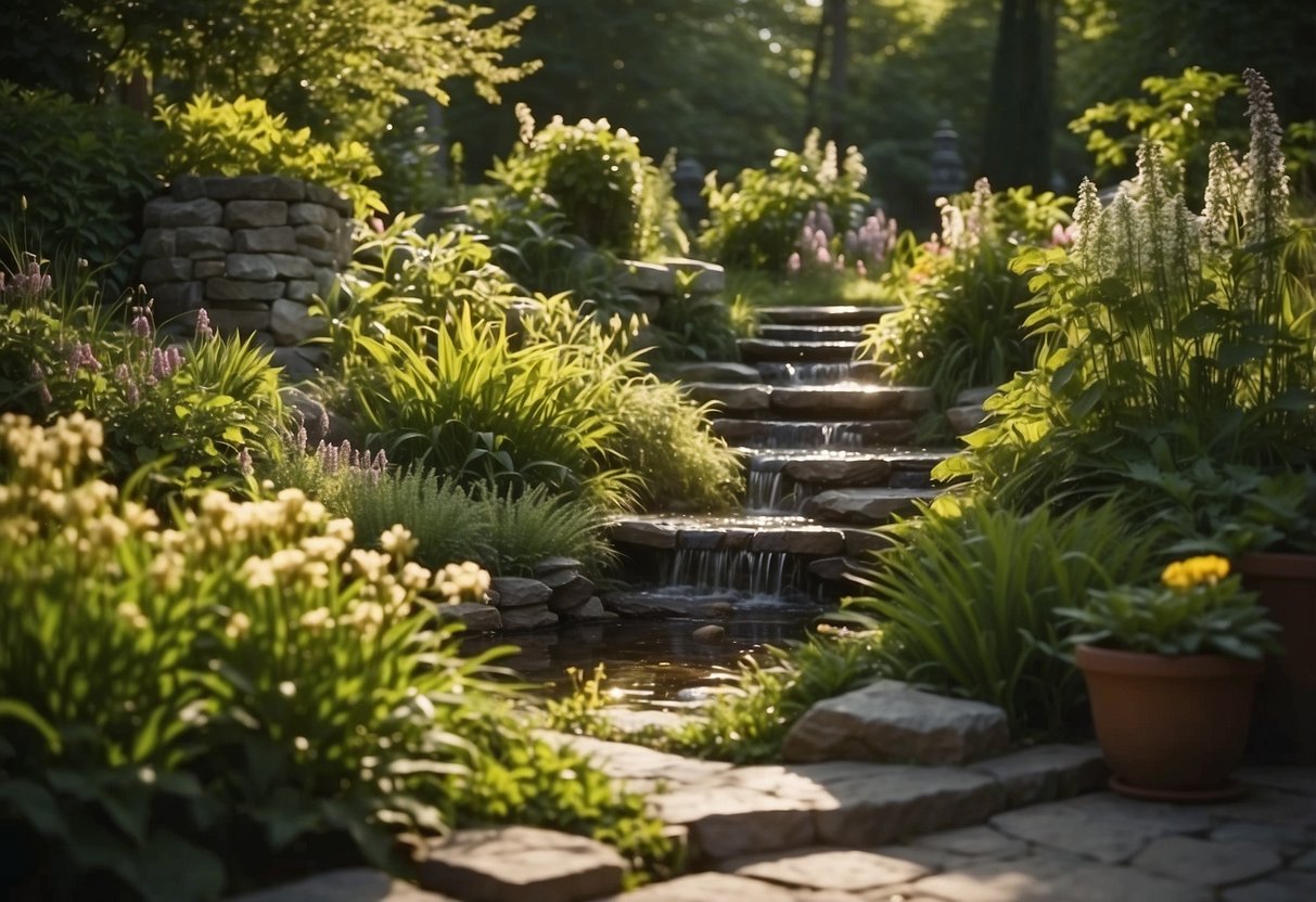 Lush green perennials bloom in an Ontario garden, surrounded by stone pathways and a bubbling water feature. The sun shines down, casting dappled shadows across the tranquil scene