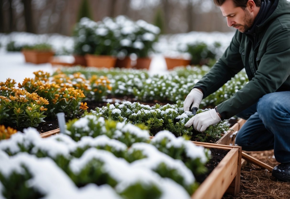 Snow-covered garden beds, tools neatly arranged. A gardener prepares for winter, wrapping fragile plants and setting up protective barriers