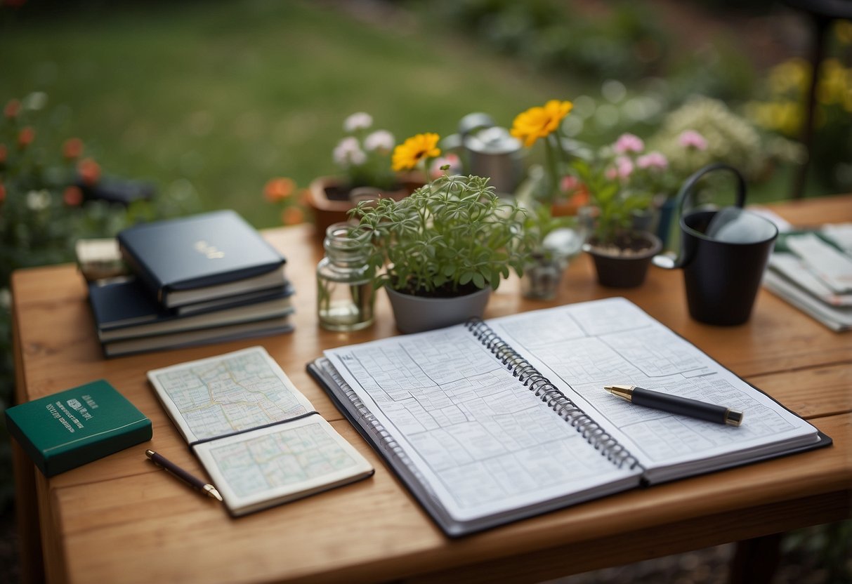 A garden planner sits at a table with a notebook, surrounded by seed packets, gardening tools, and a map of Ontario