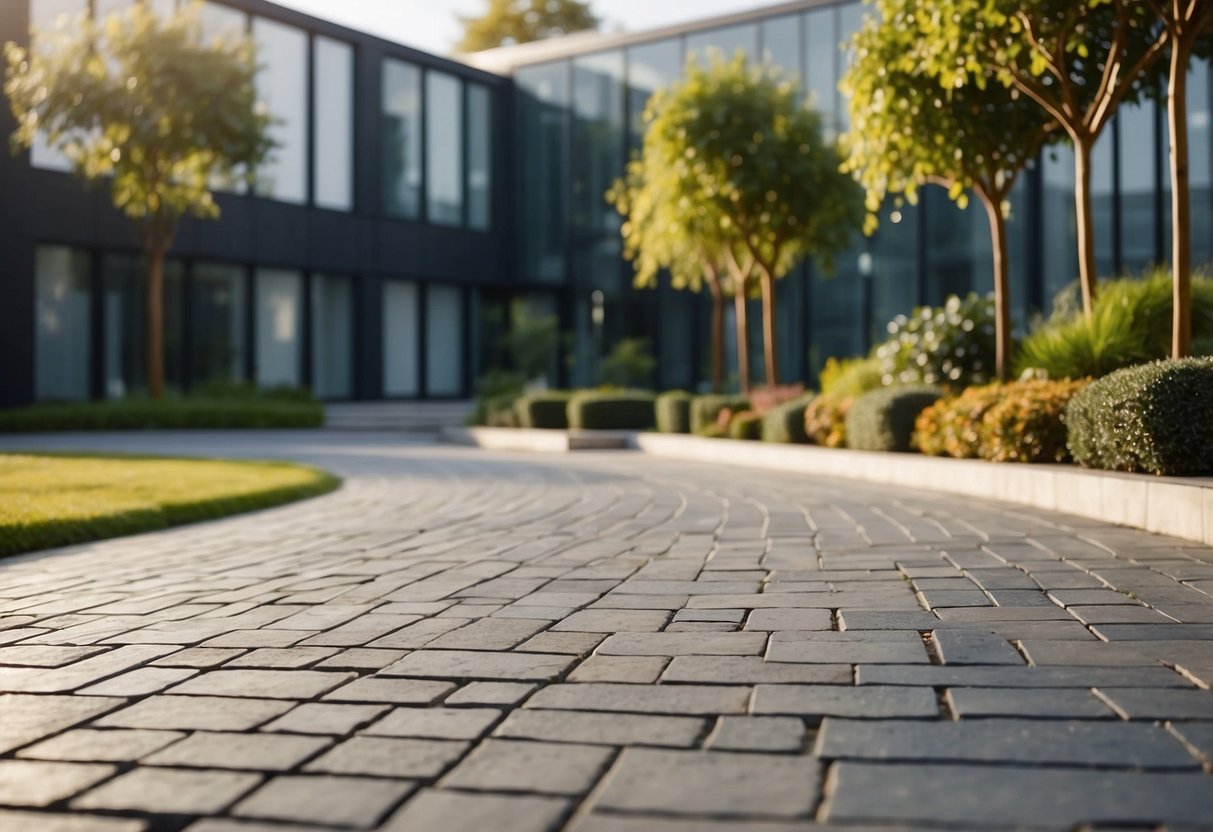 A geometric garden with block paving, featuring modern designs