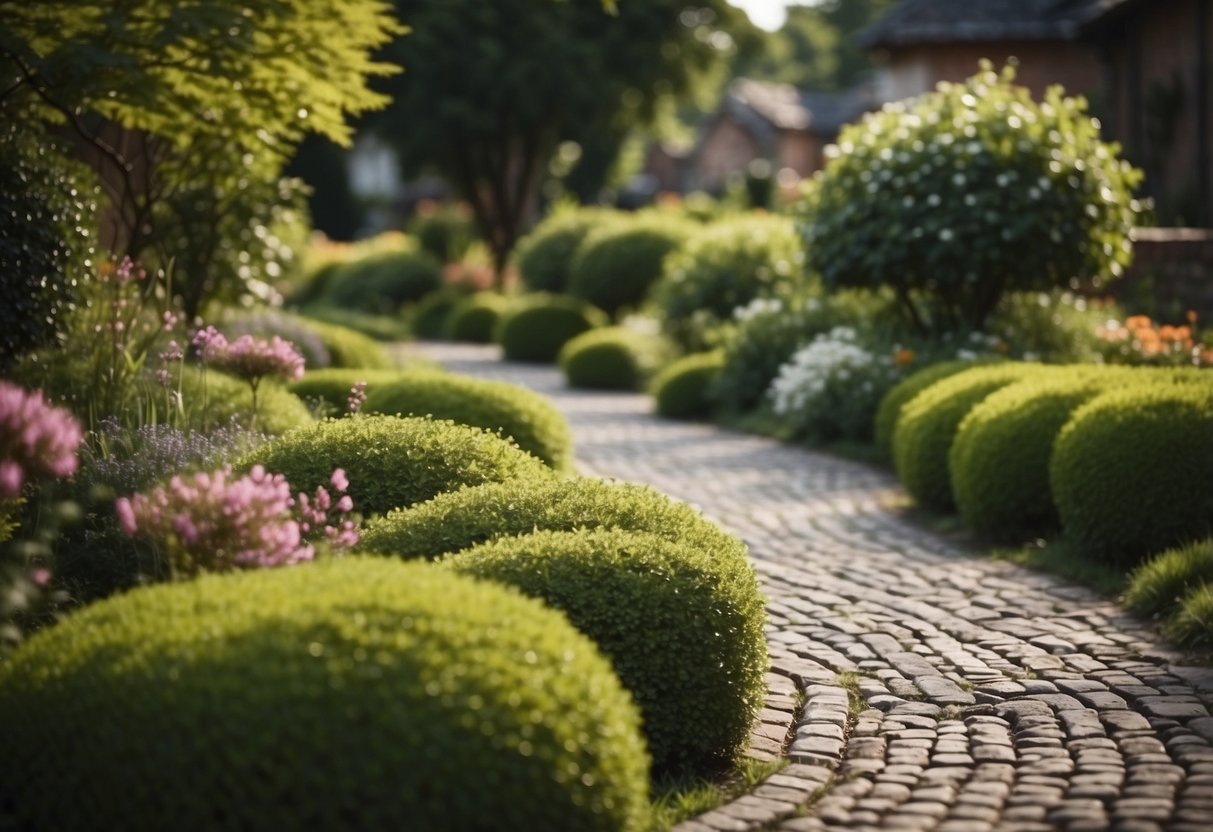 A winding cobblestone pathway meanders through a lush garden, bordered by block paving and rustic surroundings