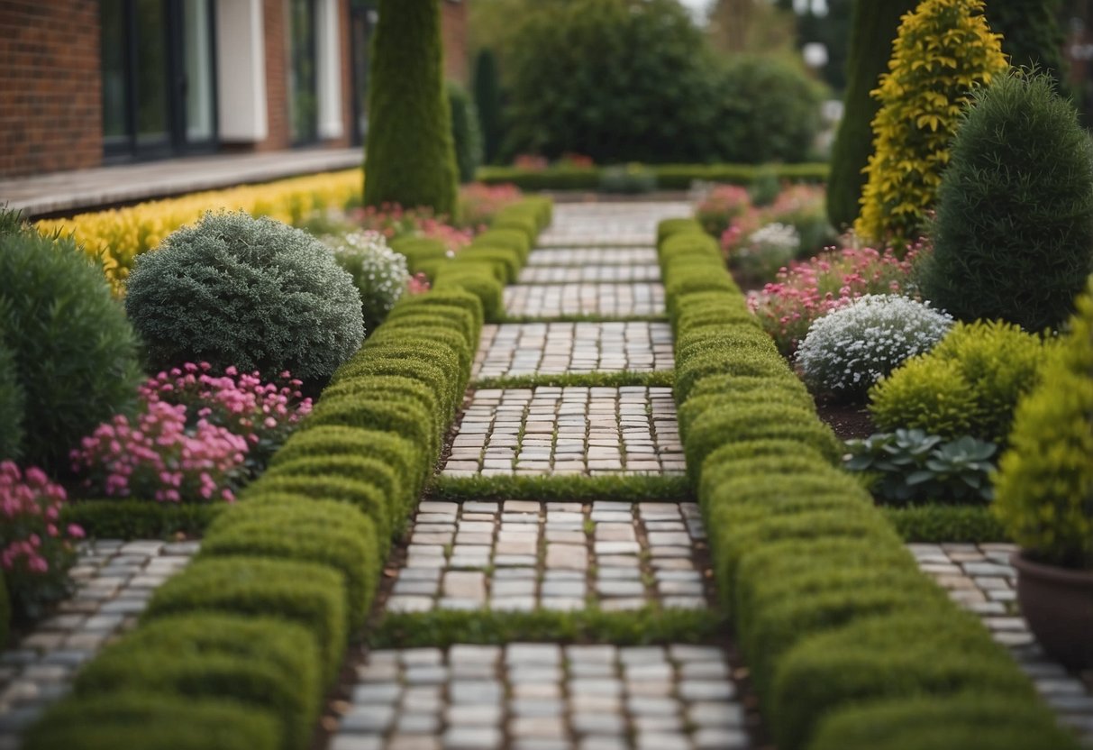 A garden with bold checkerboard style block paving