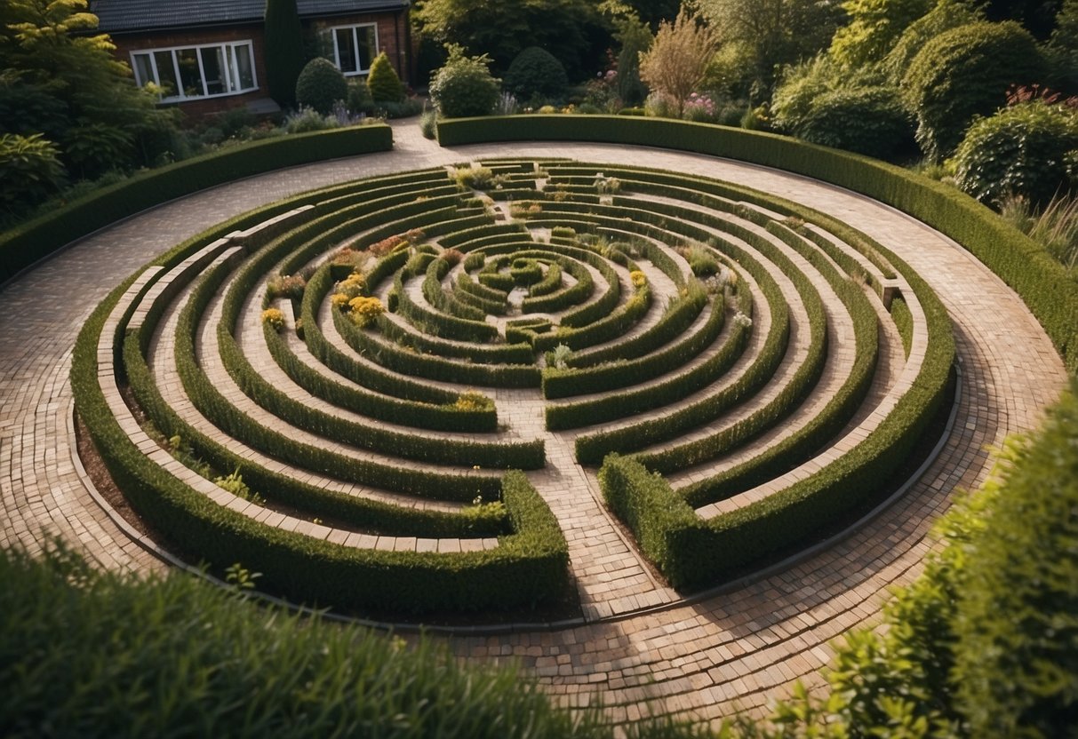 A garden with intricate spiral paths made of block paving