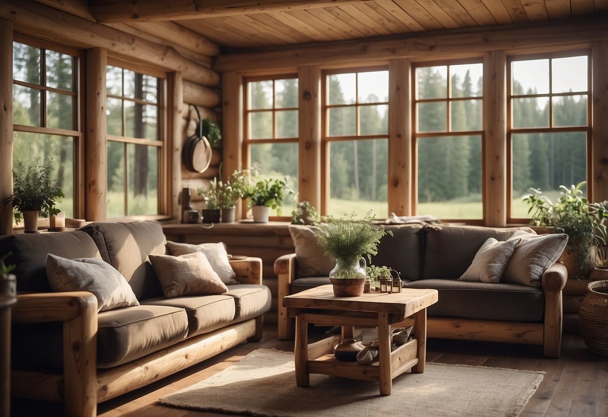 A cozy log cabin interior with rustic wooden furniture and a garden view