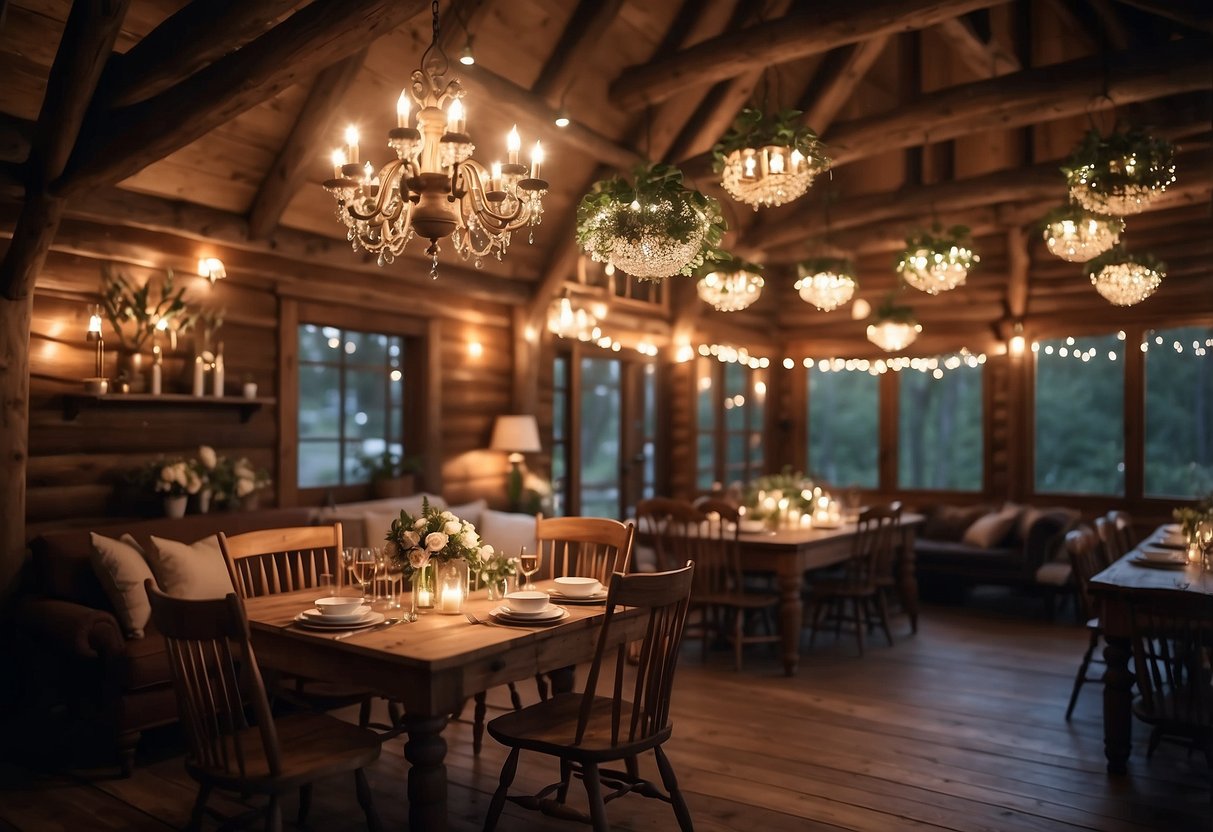 A cozy log cabin with fairy light chandeliers illuminating the garden-themed interior