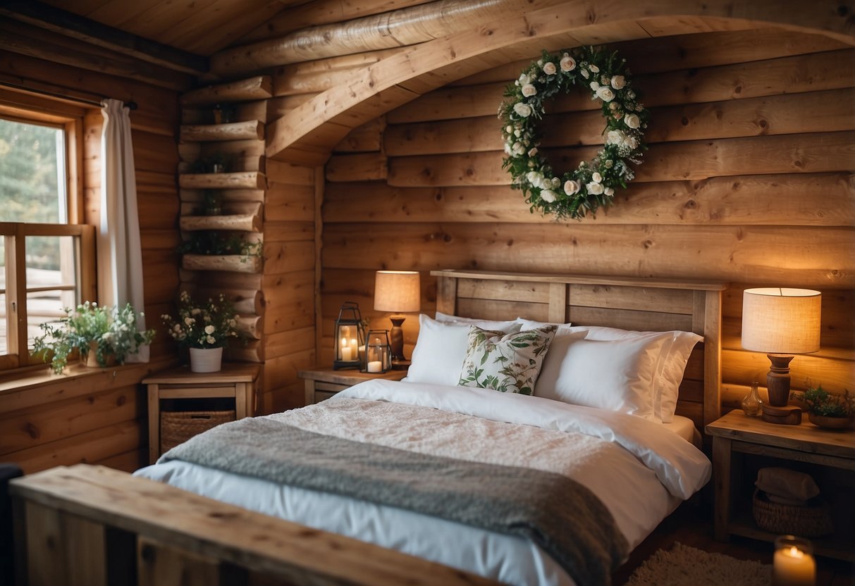 A rustic log cabin interior with a floral wreath wall decor, creating a cozy and charming atmosphere