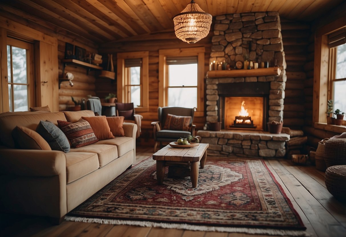 A cozy log cabin interior with vintage Persian rugs, creating a warm and inviting atmosphere