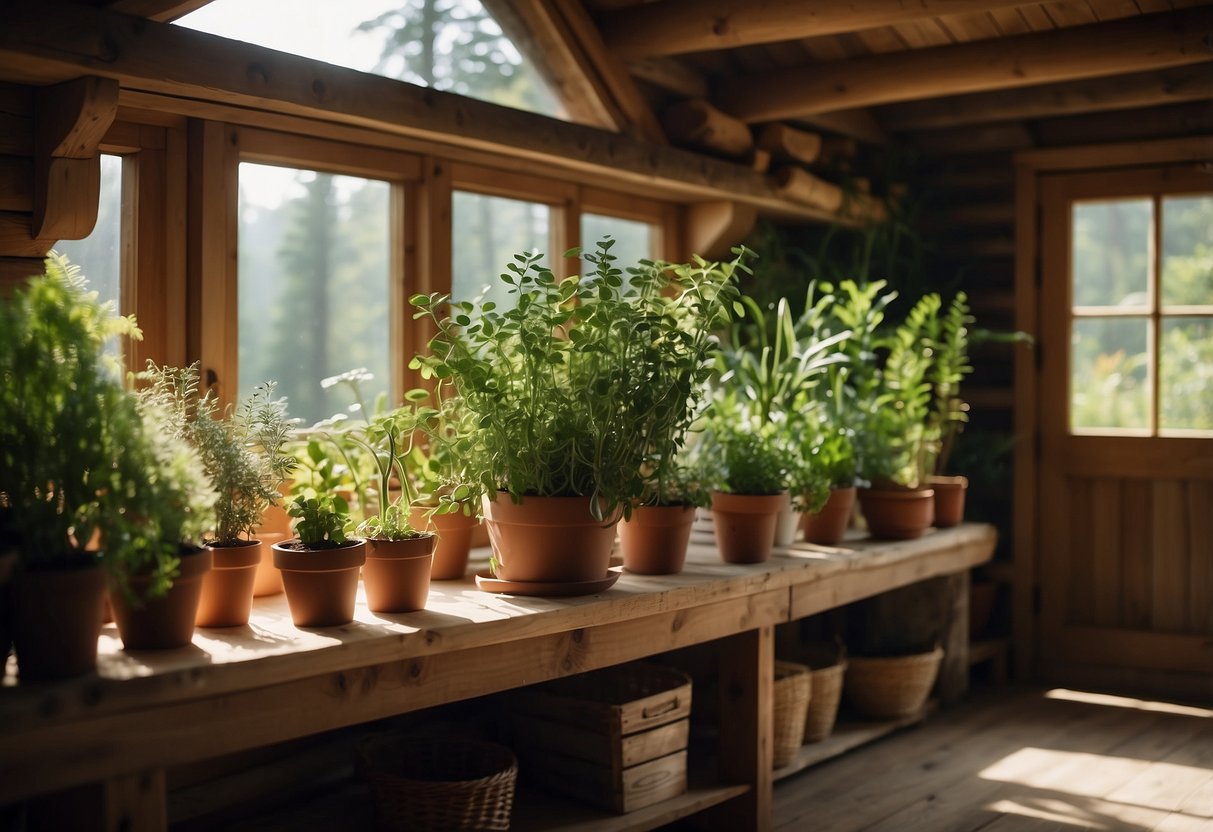 A cozy log cabin interior with wooden shelves holding a variety of potted herbs. Sunlight streams in through the windows, illuminating the greenery