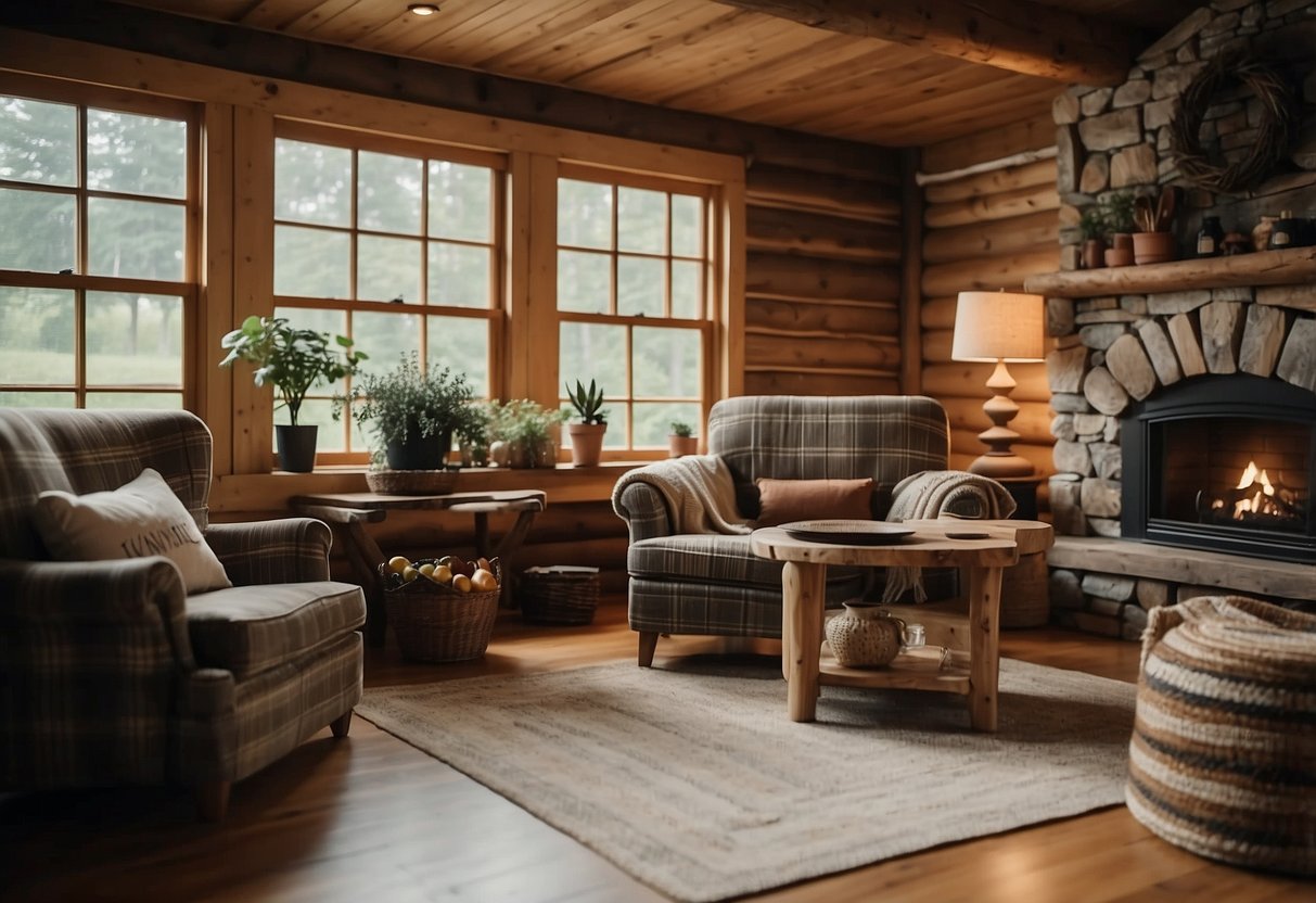 Cozy log cabin interior with plaid throw blankets draped over rustic furniture, surrounded by a lush garden view