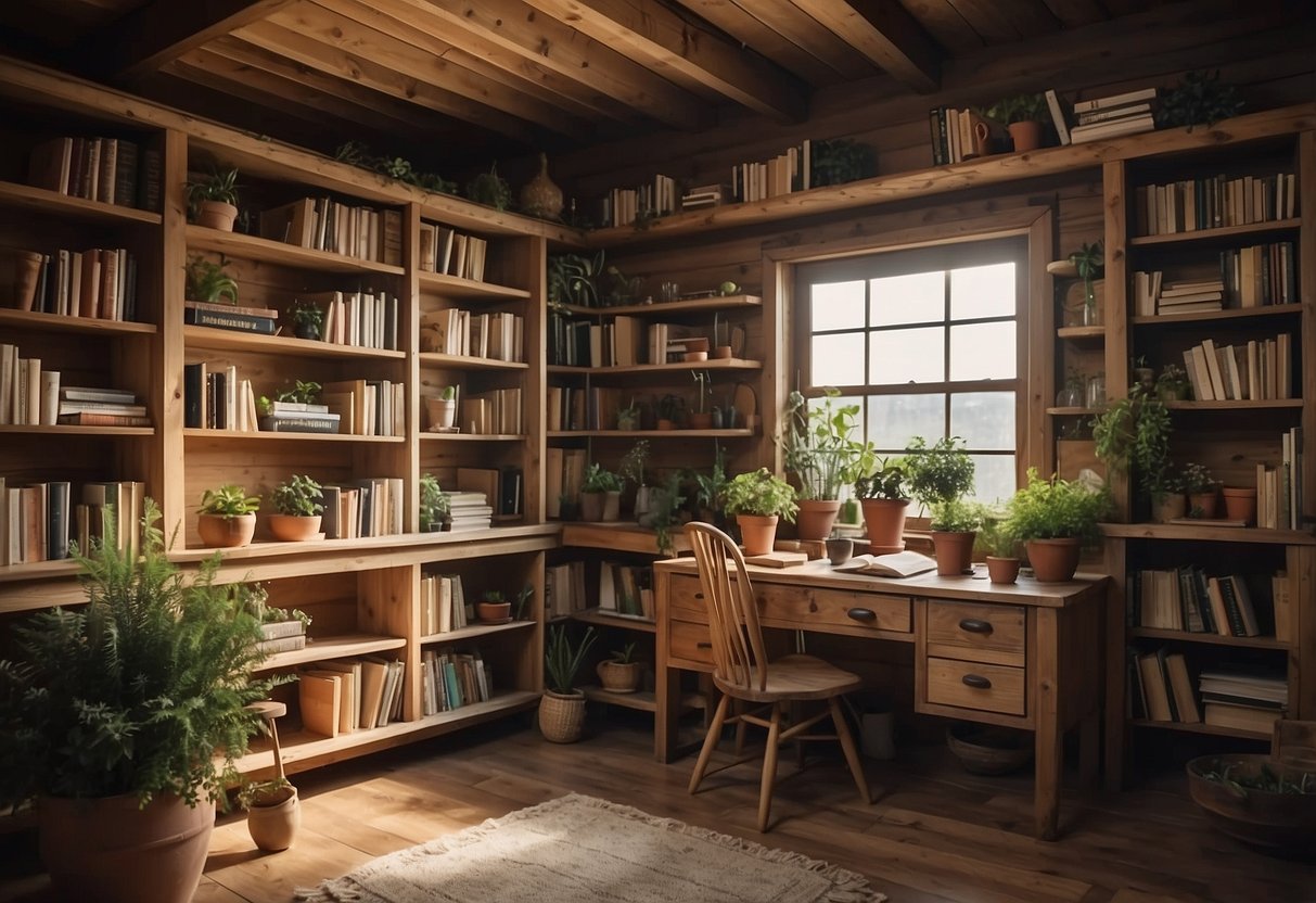 A cozy log cabin interior with distressed pine bookshelves, filled with gardening books and potted plants