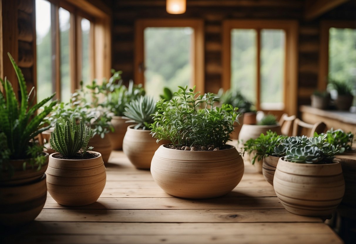 A cozy log cabin interior with artisan pottery planters, filled with lush greenery, creating a serene and natural atmosphere