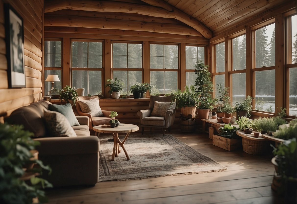 A cozy log cabin interior with large windows, flooding the space with natural light. Plants and greenery are strategically placed to enhance the connection with the outdoors