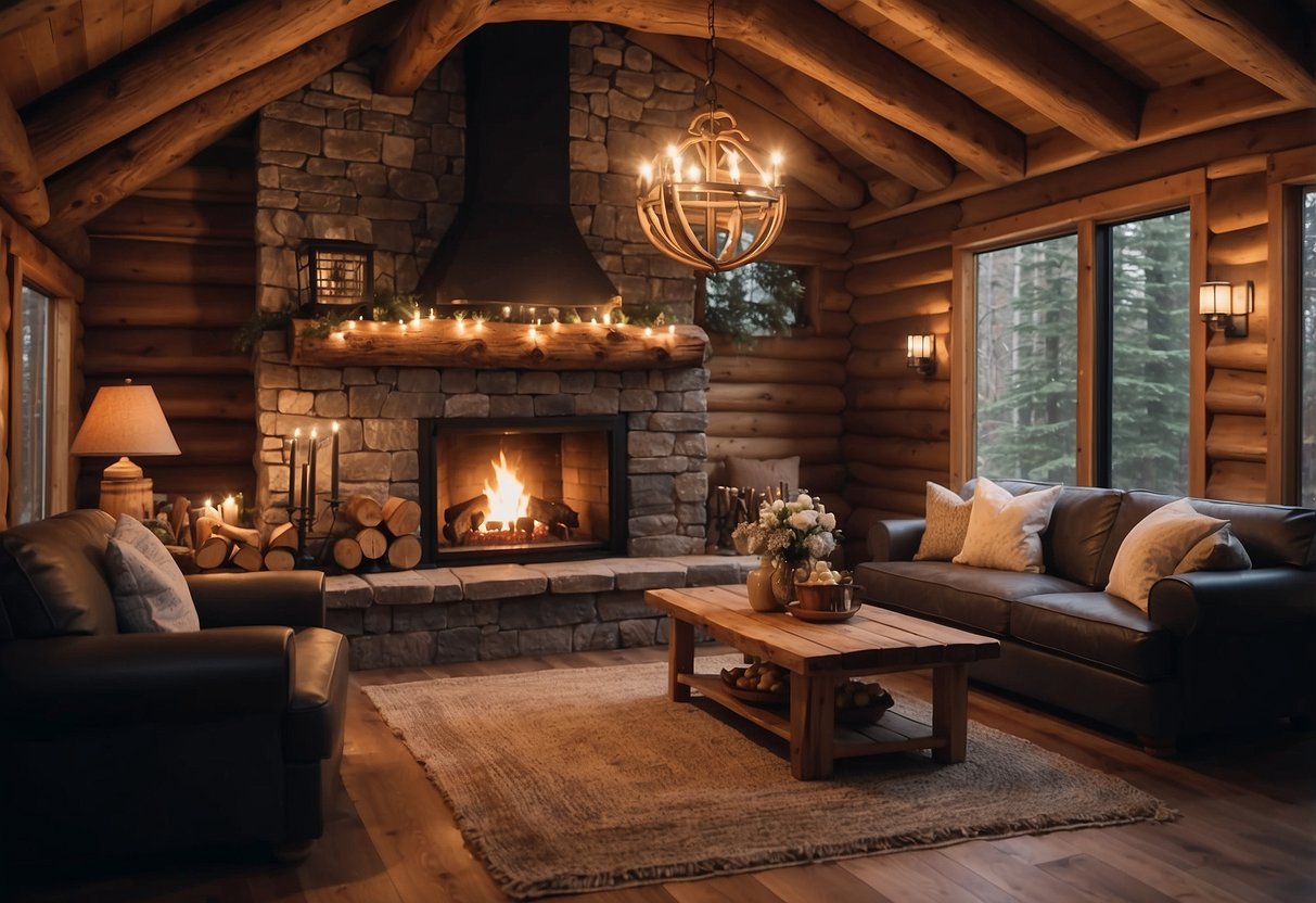 A rustic log cabin interior with cozy furniture arrangements, warm lighting, and a crackling fireplace