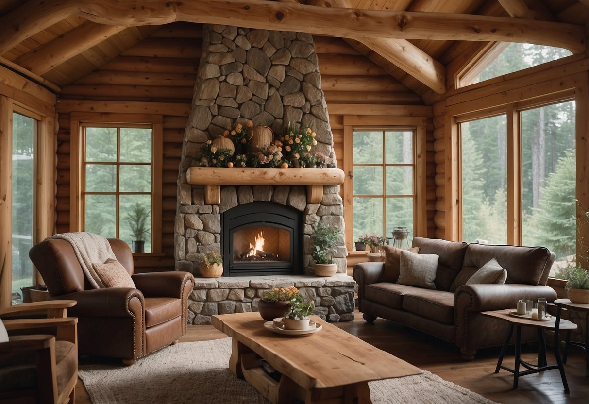 A cozy log cabin interior with a large stone fireplace, wooden furniture, and large windows overlooking a lush garden with blooming flowers and tall trees