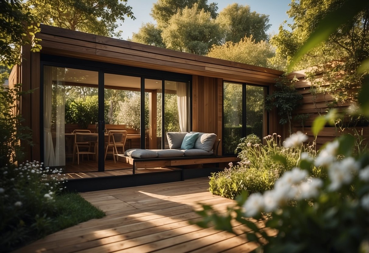 A cozy garden room with timber panels cladding, surrounded by lush greenery and blooming flowers. Sunlight filters through the trees, casting dappled shadows on the wooden surface