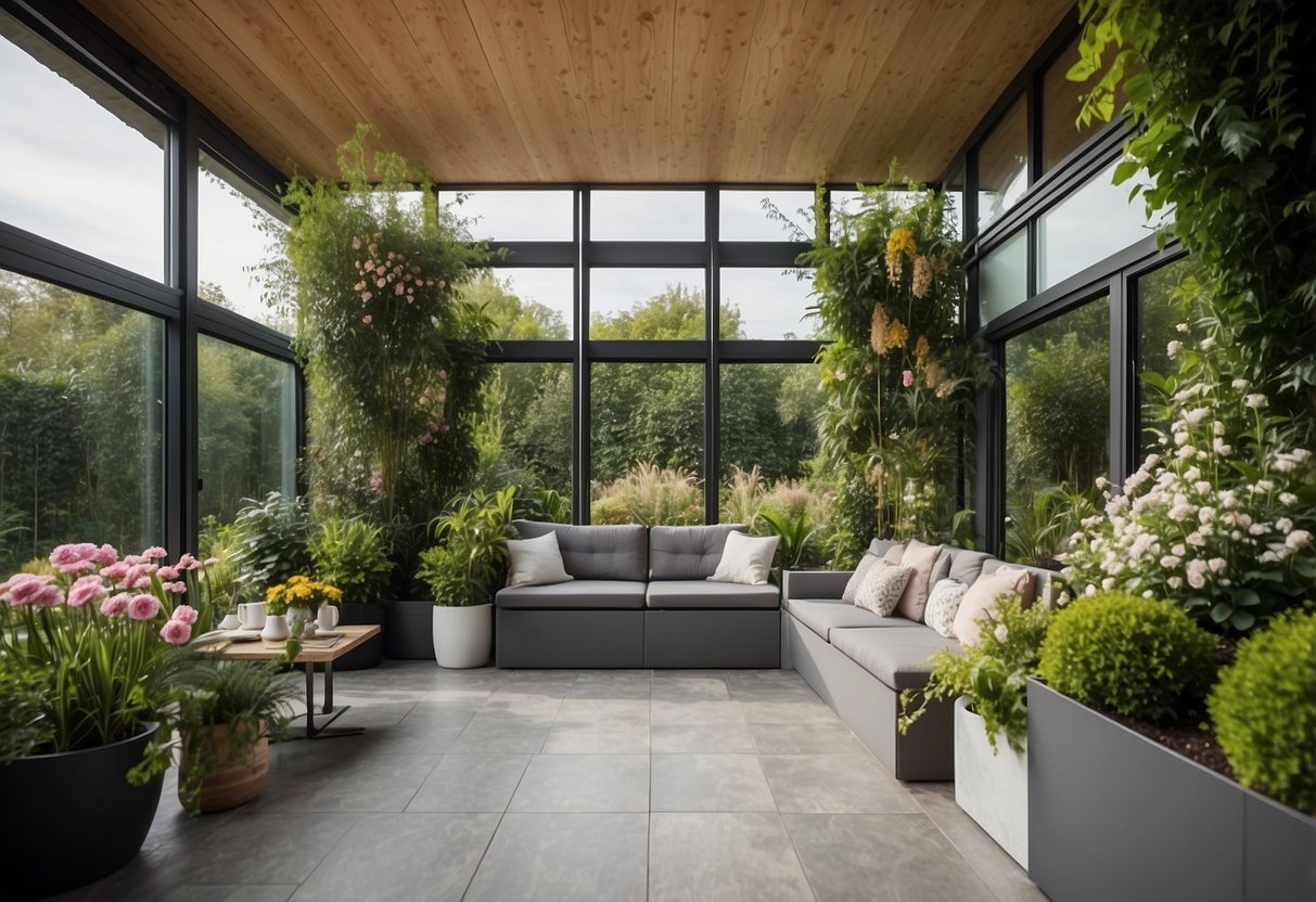 A garden room with decorative fibre cement boards as cladding, surrounded by lush greenery and blooming flowers