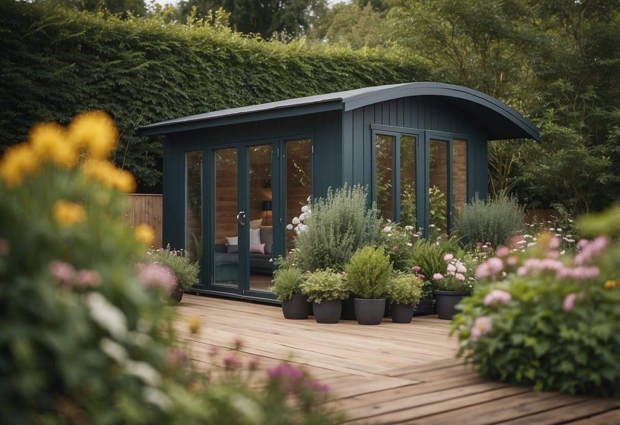 A garden room with painted timber cladding, surrounded by lush greenery and blooming flowers