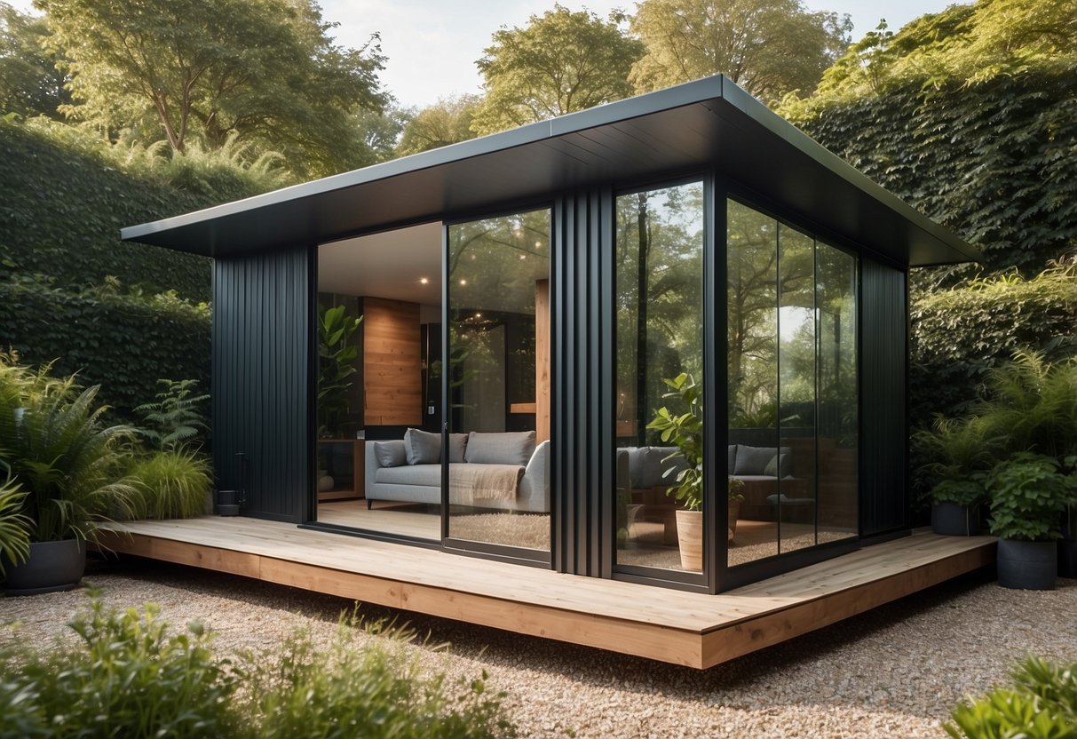 A serene garden room with textured PVC panels as cladding, surrounded by lush greenery and bathed in natural light