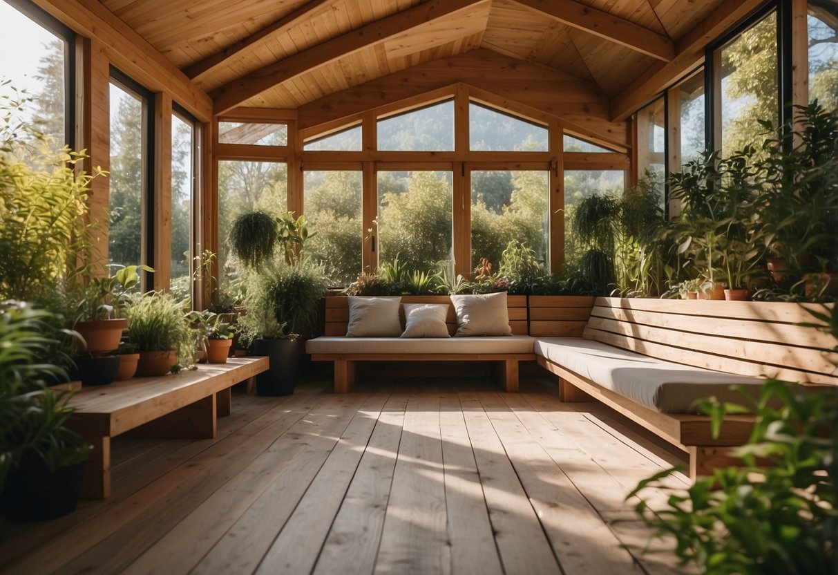 A garden room with wooden cladding, surrounded by lush greenery and a cozy seating area, bathed in warm sunlight