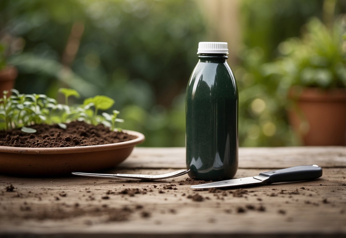 A plastic bottle, scissors, paint, and soil on a garden table