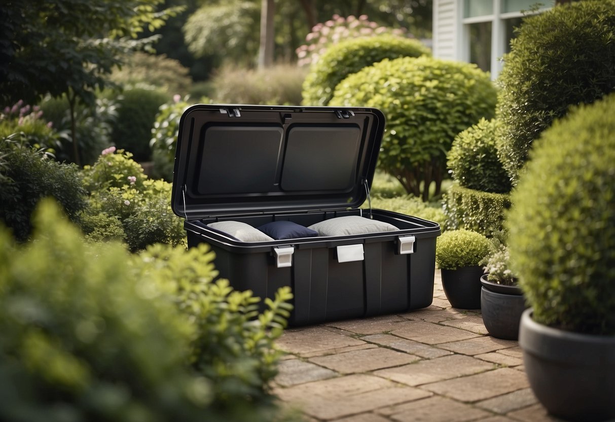 A Rubbermaid storage box sits in a lush garden, filled with neatly arranged cushions and outdoor accessories. The box is closed, with a lock keeping everything secure