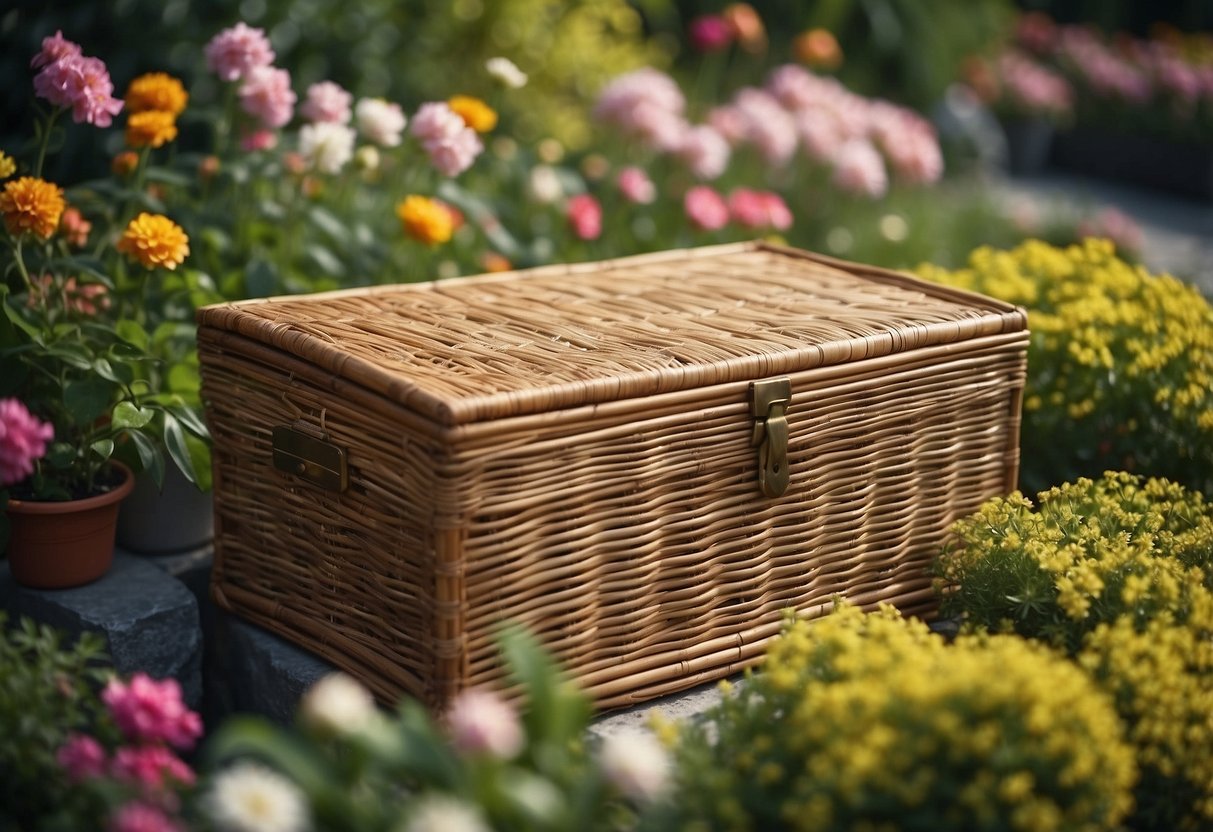 A rattan storage box sits in a lush garden, filled with colorful cushions and surrounded by blooming flowers