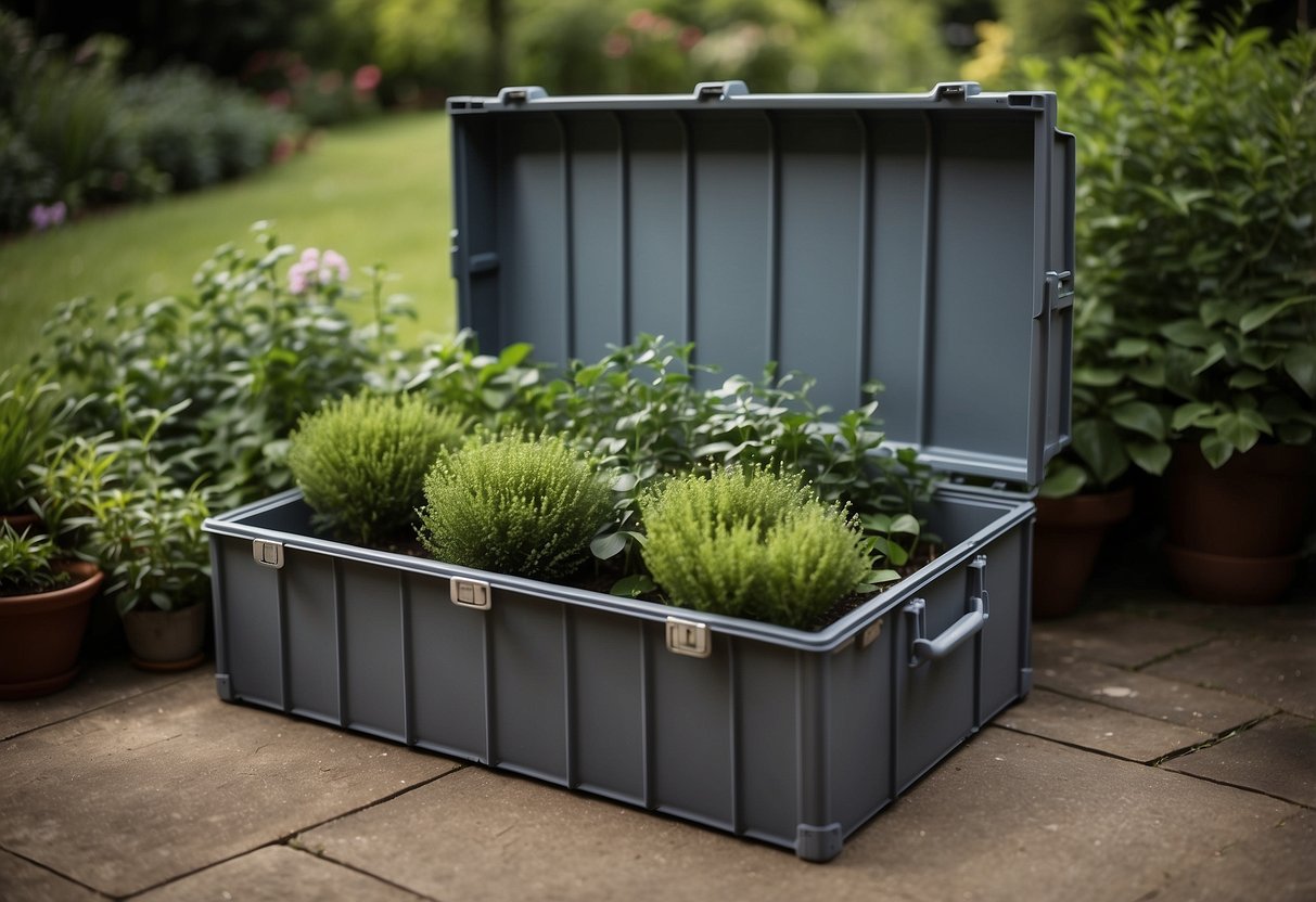 A grey storage box sits in a lush garden, filled with cushions and surrounded by greenery. The box is labeled "Keter Kentwood" and is open, showing its spacious interior