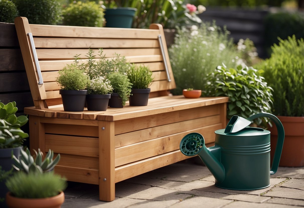 A wooden storage bench with a hinged lid, containing neatly folded garden cushions, surrounded by potted plants and a watering can