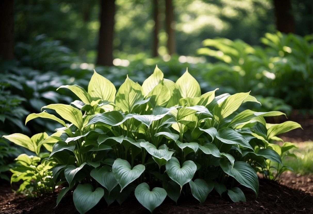 Lush hostas thrive in a dry, shady garden. Tall trees provide dappled sunlight, while the ground is covered in a variety of hosta plants in different shades of green, creating a serene and peaceful atmosphere