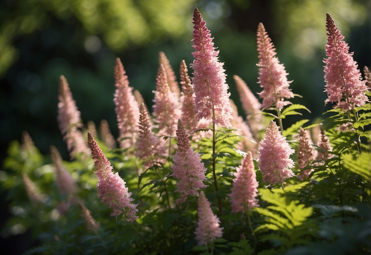 Lush astilbe plants thrive in a shaded garden, their feathery blooms adding bursts of color to the dry, cool landscape