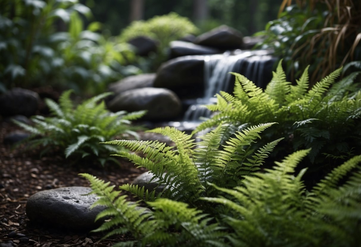 Lush green ferns thrive in a shadowy garden, surrounded by rocks and mulch. A trickling water feature adds tranquility to the serene landscape