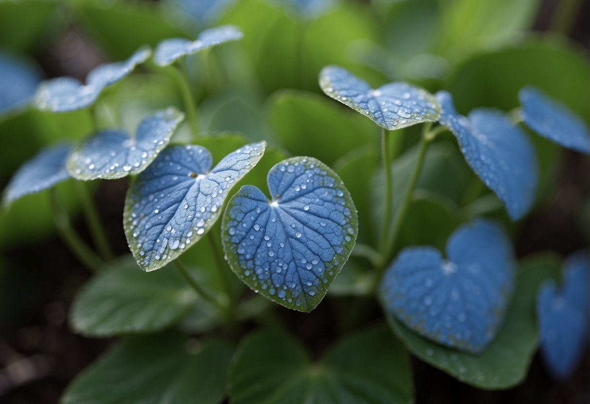 Lush green Brunnera plants thrive in a dry, shady garden. Delicate blue flowers peek out from under large heart-shaped leaves