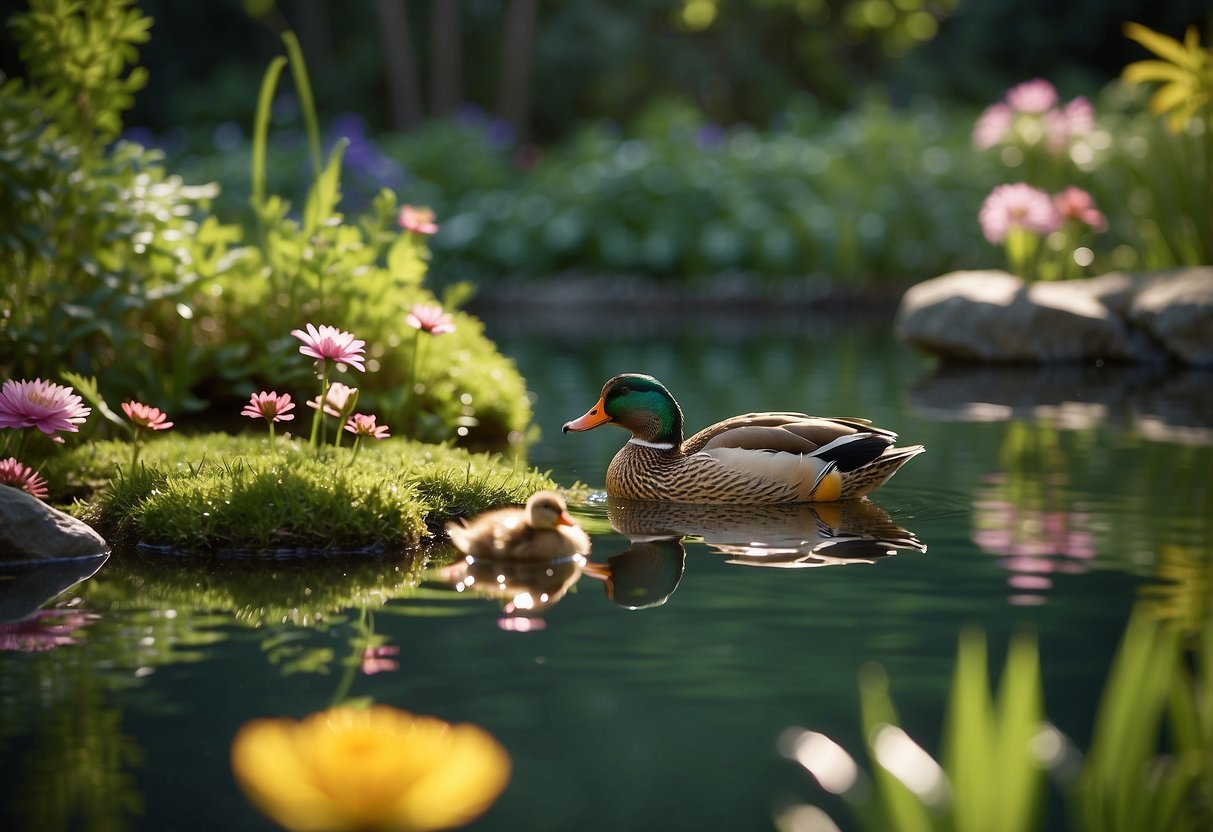 A serene garden pond with a floating solar fountain, surrounded by lush greenery and colorful flowers. A family of ducks peacefully swims in the crystal-clear water