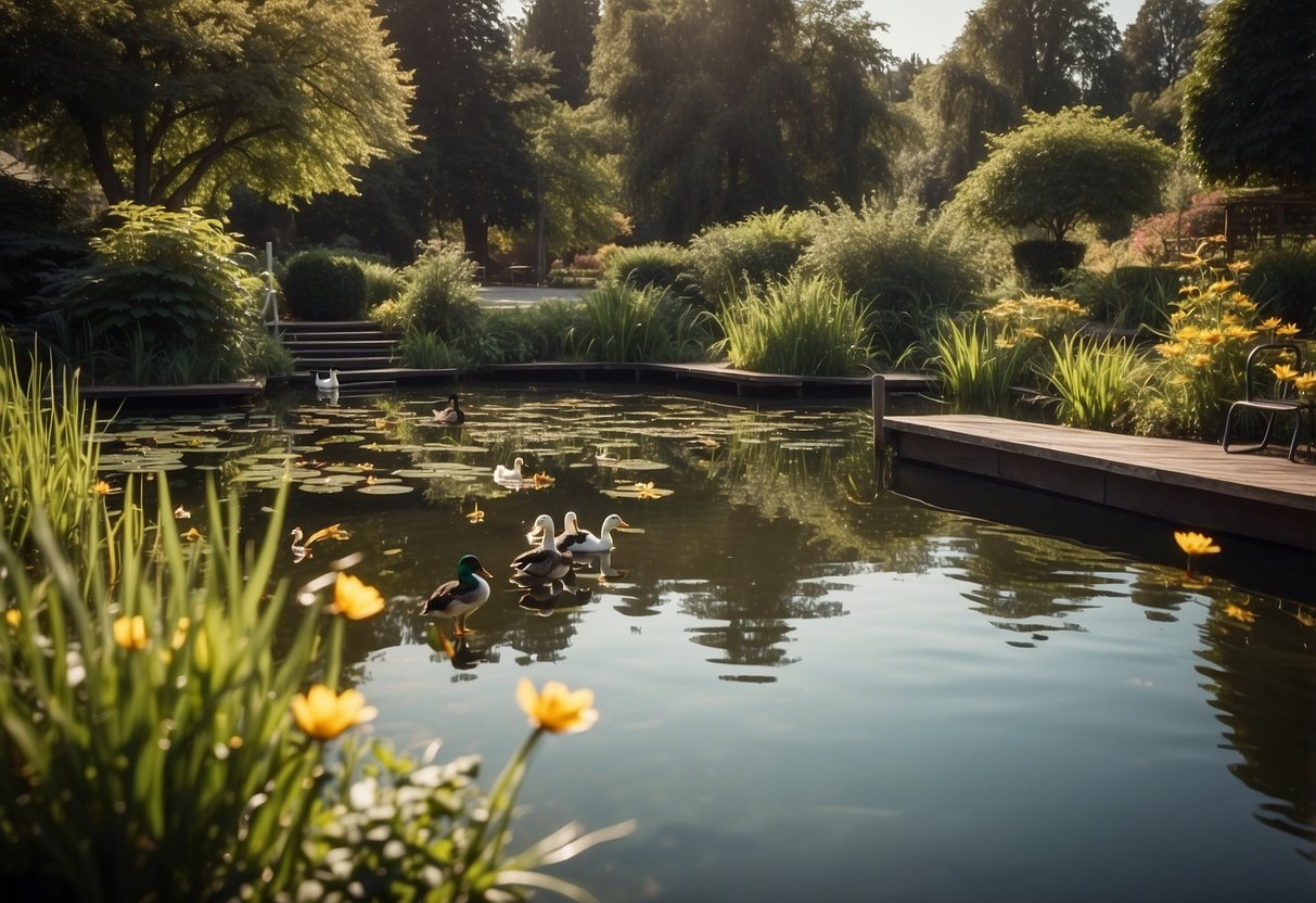 A serene garden pond with ducks feeding on the dock. Surrounding greenery and a peaceful atmosphere