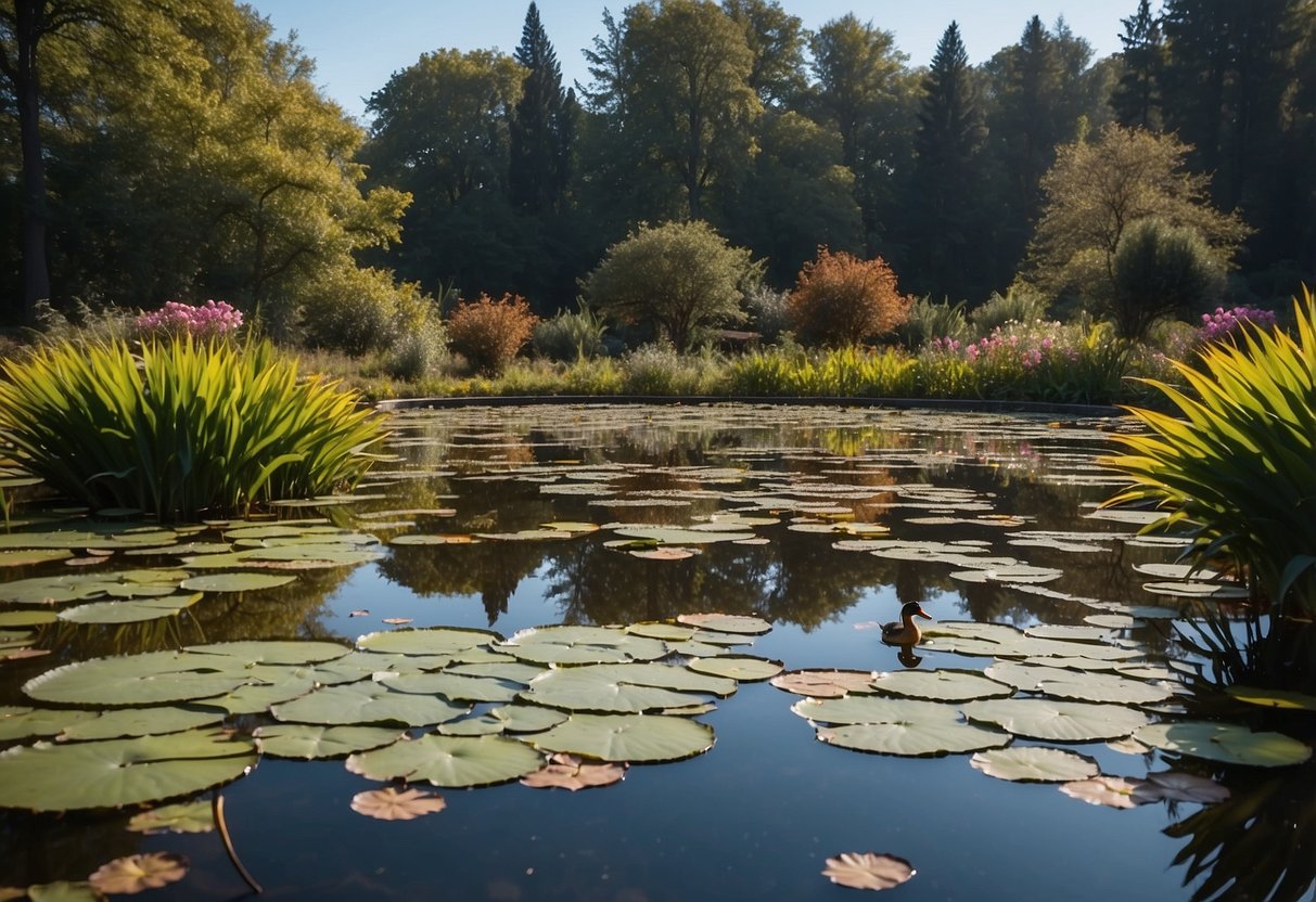 A serene duck pond surrounded by vibrant lily pads, creating a beautiful garden scene